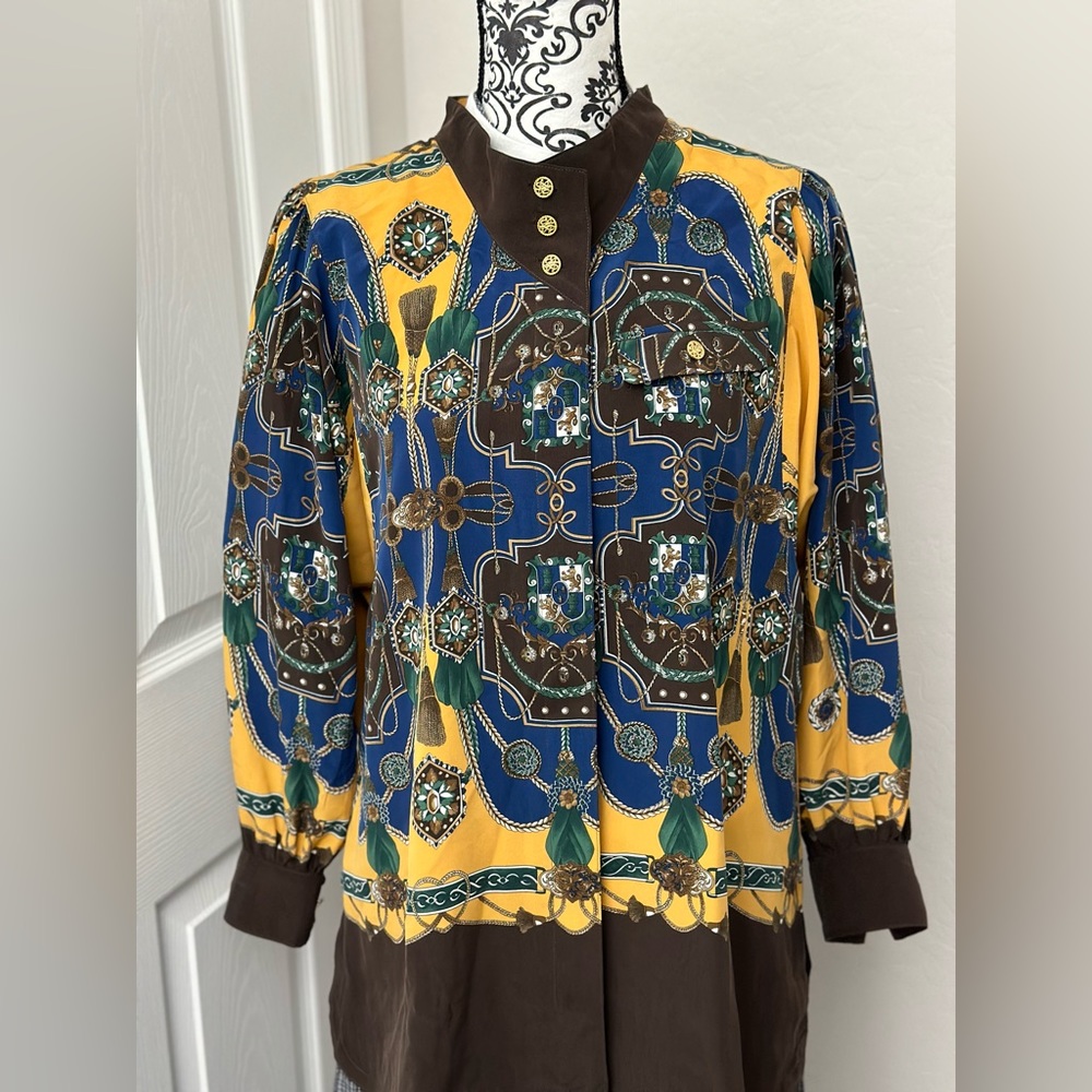 Vtg secretary blouse scarf blouse wearable art brown chain SZ M/L